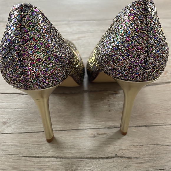 Sparkly Gold Multi colored High Heel Peep Toe Shoes sz 8 Formal Heels - Picture 3 of 6